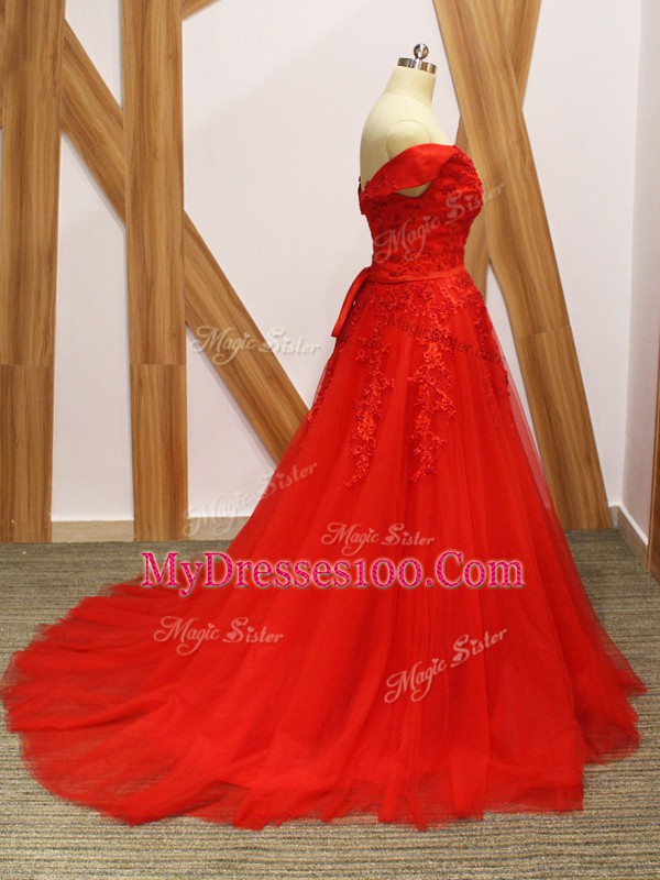 Sleeveless Tulle Brush Train Lace Up Dress for Prom in Coral Red with Lace and Appliques