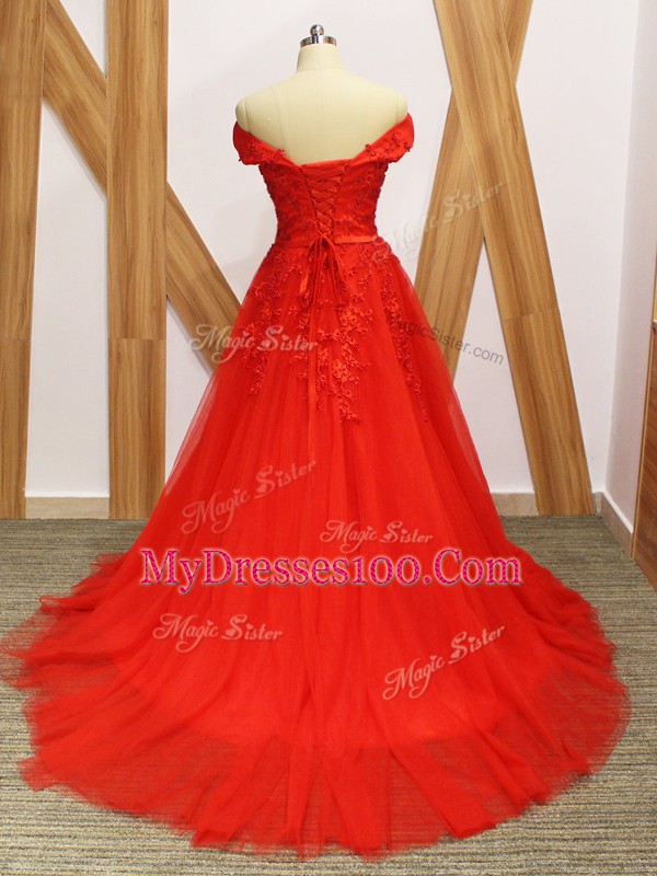 Sleeveless Tulle Brush Train Lace Up Dress for Prom in Coral Red with Lace and Appliques