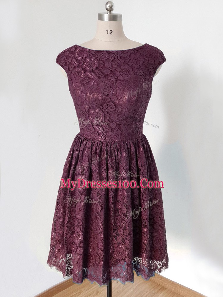 Dark Purple Empire Lace Bridesmaid Dresses Lace Up Lace Cap Sleeves Knee Length