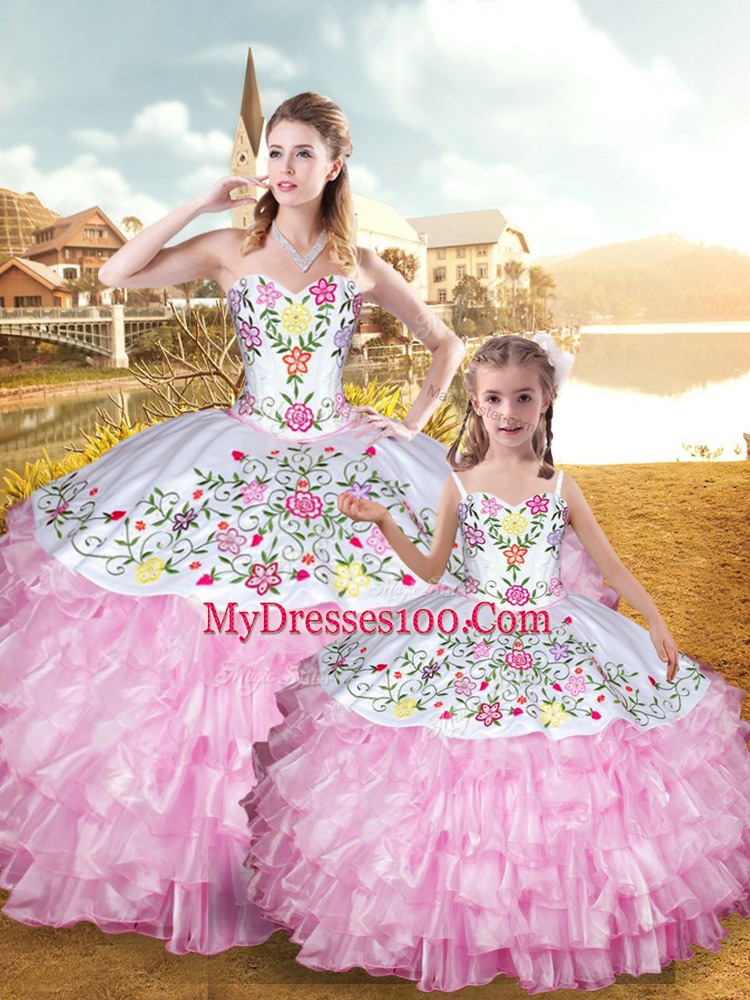 Rose Pink Sweetheart Lace Up Embroidery and Ruffled Layers Quince Ball Gowns Sleeveless