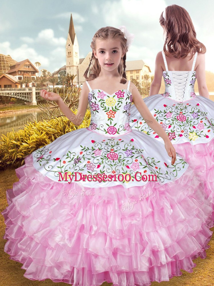 Rose Pink Sweetheart Lace Up Embroidery and Ruffled Layers Quince Ball Gowns Sleeveless