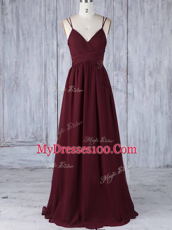 Burgundy Zipper Straps Appliques Damas Dress Chiffon Sleeveless