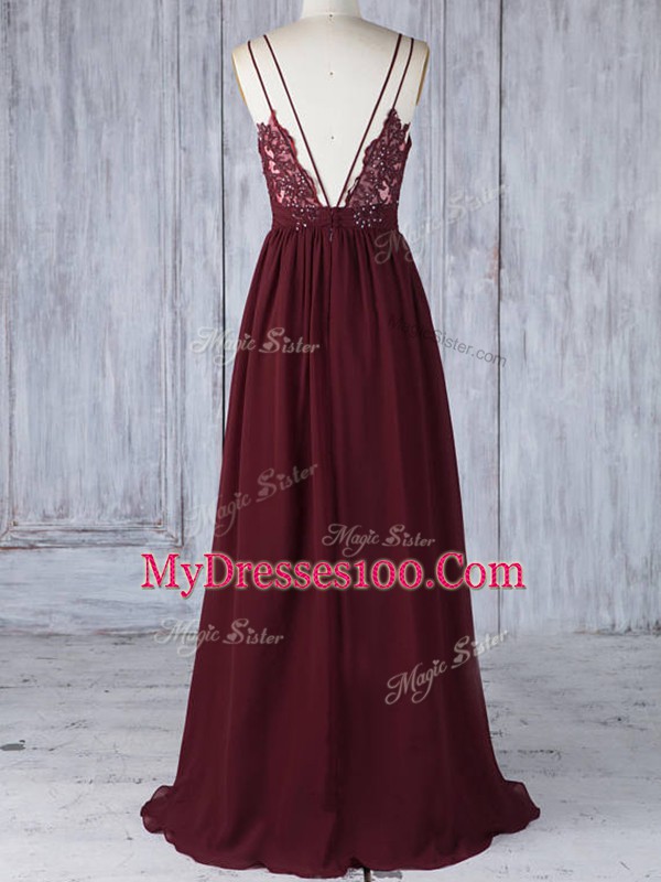 Burgundy Zipper Straps Appliques Damas Dress Chiffon Sleeveless