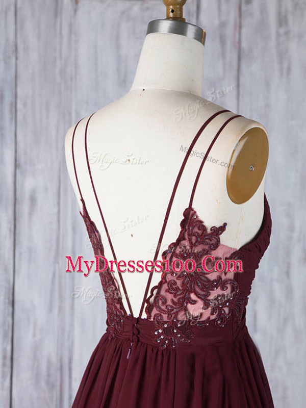 Burgundy Zipper Straps Appliques Damas Dress Chiffon Sleeveless
