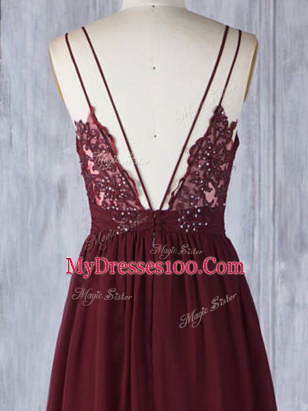 Burgundy Zipper Straps Appliques Damas Dress Chiffon Sleeveless