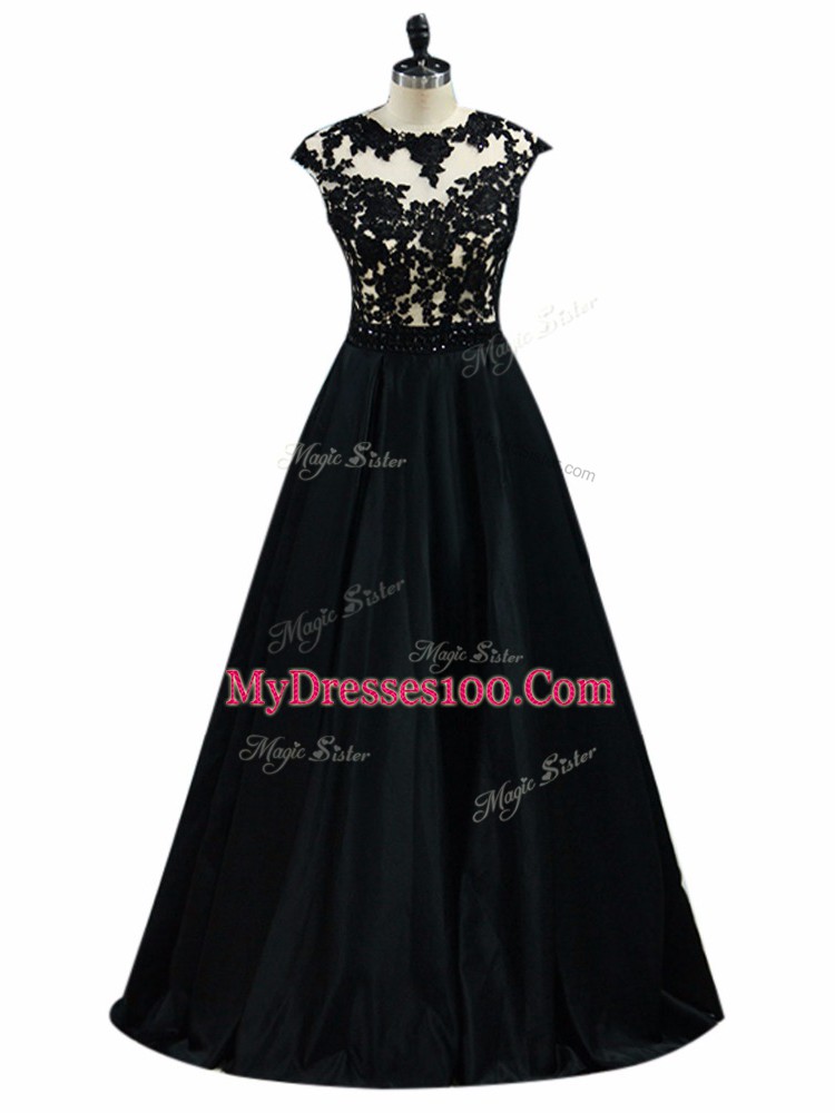Adorable Scoop Sleeveless Backless Prom Dress Black Taffeta