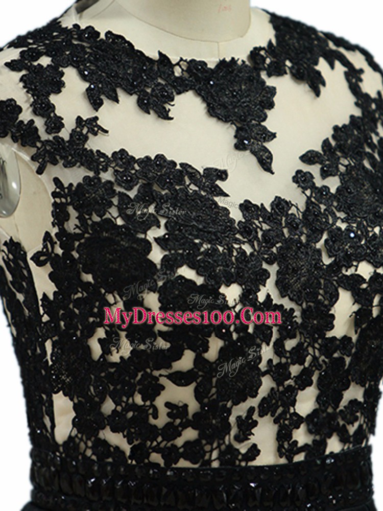 Adorable Scoop Sleeveless Backless Prom Dress Black Taffeta