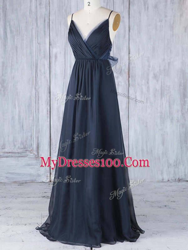 Amazing Navy Blue Sleeveless Ruching Floor Length Dama Dress for Quinceanera