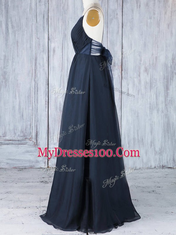 Amazing Navy Blue Sleeveless Ruching Floor Length Dama Dress for Quinceanera
