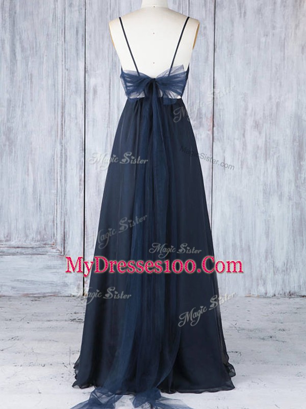 Amazing Navy Blue Sleeveless Ruching Floor Length Dama Dress for Quinceanera