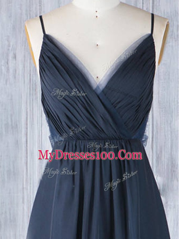 Amazing Navy Blue Sleeveless Ruching Floor Length Dama Dress for Quinceanera