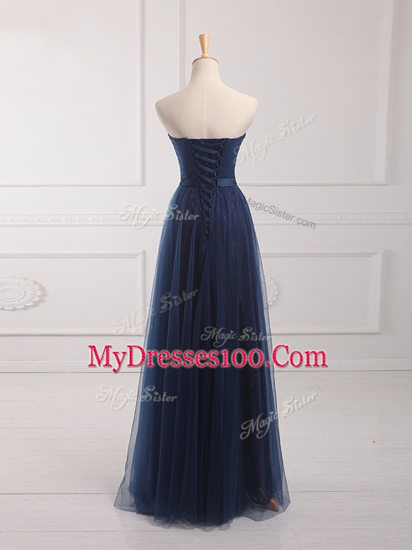Hot Sale Navy Blue Sleeveless Tulle and Lace Lace Up Quinceanera Court Dresses for Prom and Party and Wedding Party