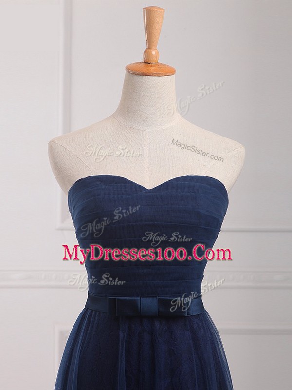 Hot Sale Navy Blue Sleeveless Tulle and Lace Lace Up Quinceanera Court Dresses for Prom and Party and Wedding Party