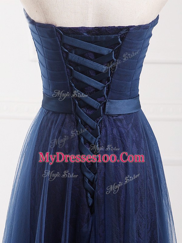 Hot Sale Navy Blue Sleeveless Tulle and Lace Lace Up Quinceanera Court Dresses for Prom and Party and Wedding Party
