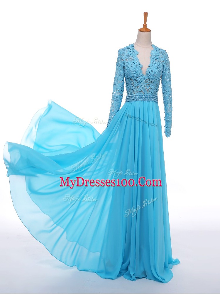Modest Floor Length Zipper Prom Evening Gown Baby Blue for Prom and Party and Military Ball with Lace and Appliques