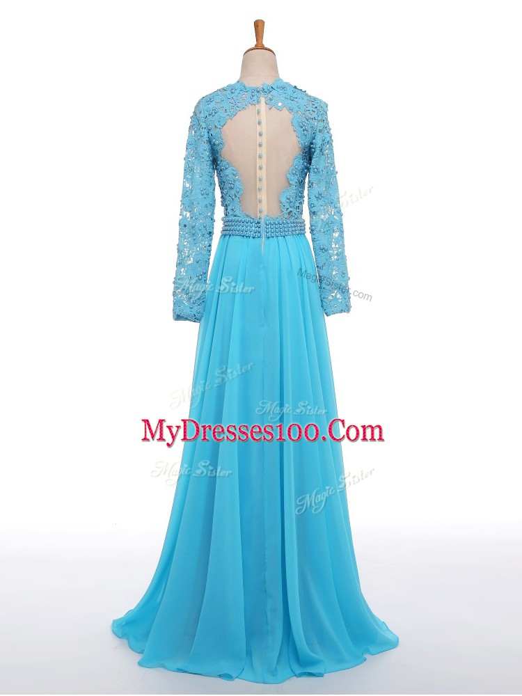 Modest Floor Length Zipper Prom Evening Gown Baby Blue for Prom and Party and Military Ball with Lace and Appliques