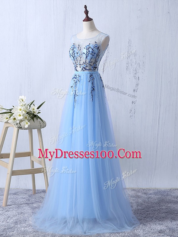 Colorful Scoop Sleeveless Side Zipper Quinceanera Dama Dress Light Blue Tulle