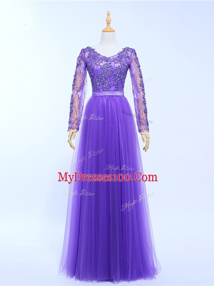 Affordable Lavender Empire Tulle V-neck Long Sleeves Lace and Appliques Floor Length Lace Up Dress for Prom