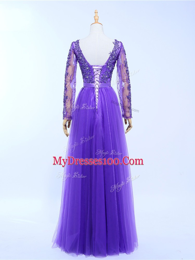 Affordable Lavender Empire Tulle V-neck Long Sleeves Lace and Appliques Floor Length Lace Up Dress for Prom