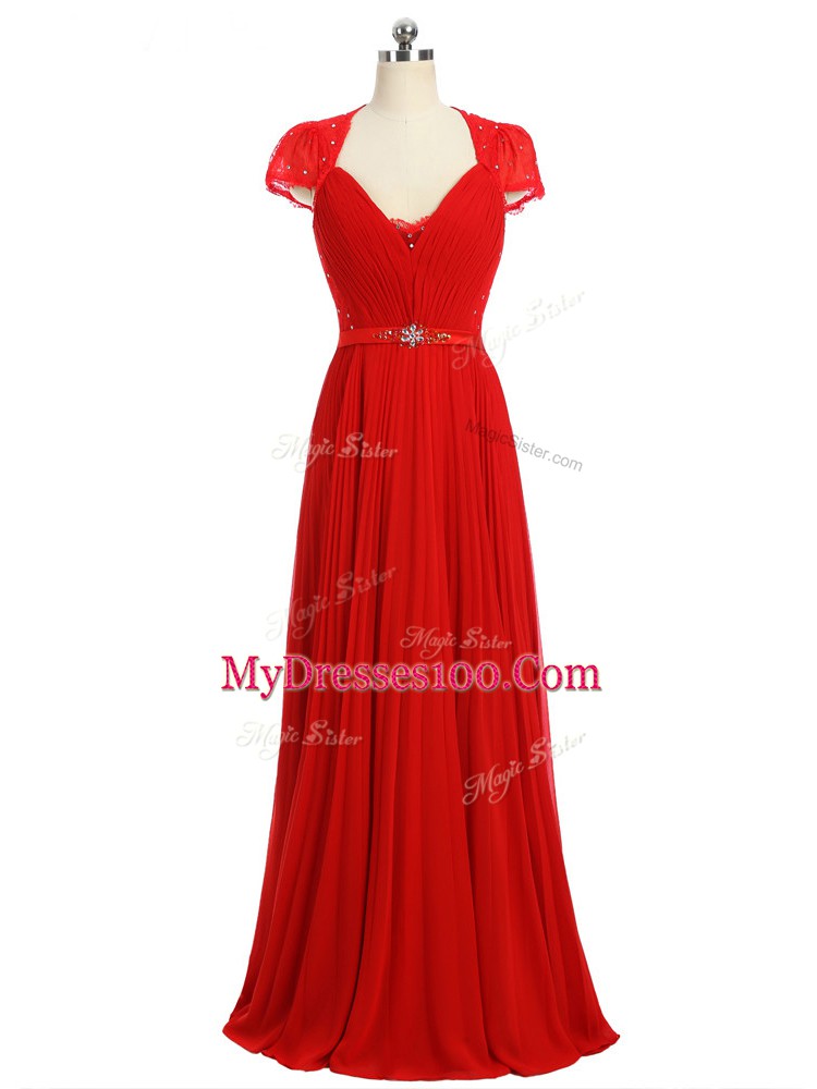 Sweetheart Short Sleeves Prom Gown Floor Length Beading and Ruching and Belt Red Chiffon