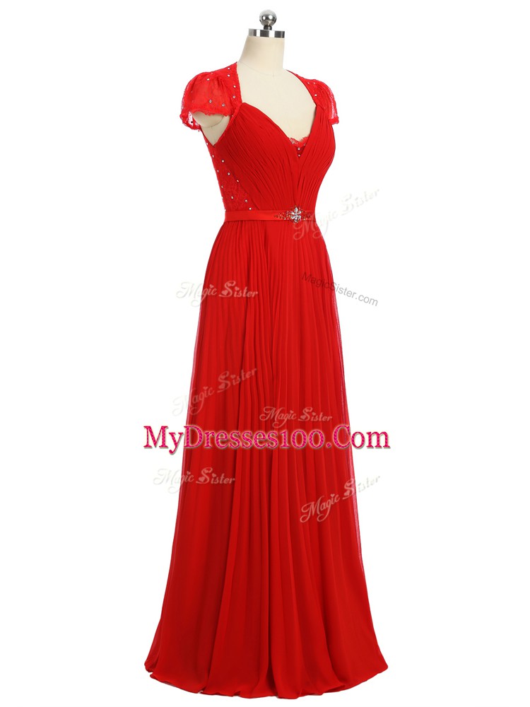 Sweetheart Short Sleeves Prom Gown Floor Length Beading and Ruching and Belt Red Chiffon