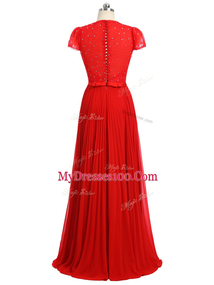 Sweetheart Short Sleeves Prom Gown Floor Length Beading and Ruching and Belt Red Chiffon