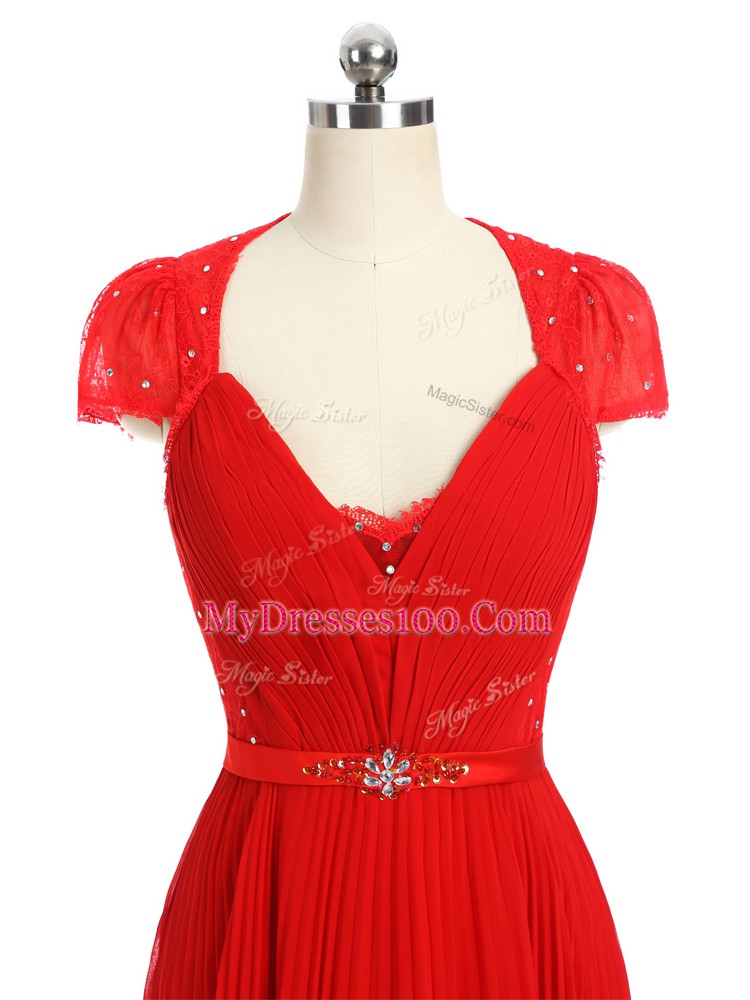 Sweetheart Short Sleeves Prom Gown Floor Length Beading and Ruching and Belt Red Chiffon