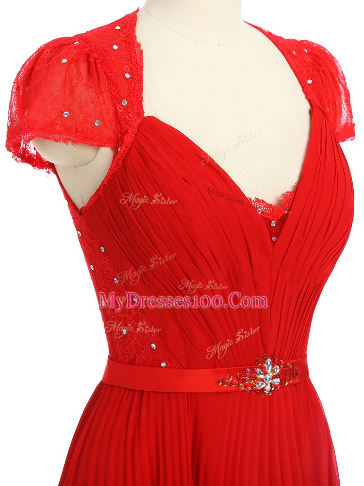 Sweetheart Short Sleeves Prom Gown Floor Length Beading and Ruching and Belt Red Chiffon