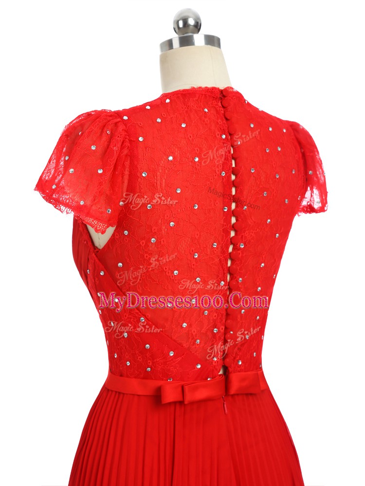 Sweetheart Short Sleeves Prom Gown Floor Length Beading and Ruching and Belt Red Chiffon