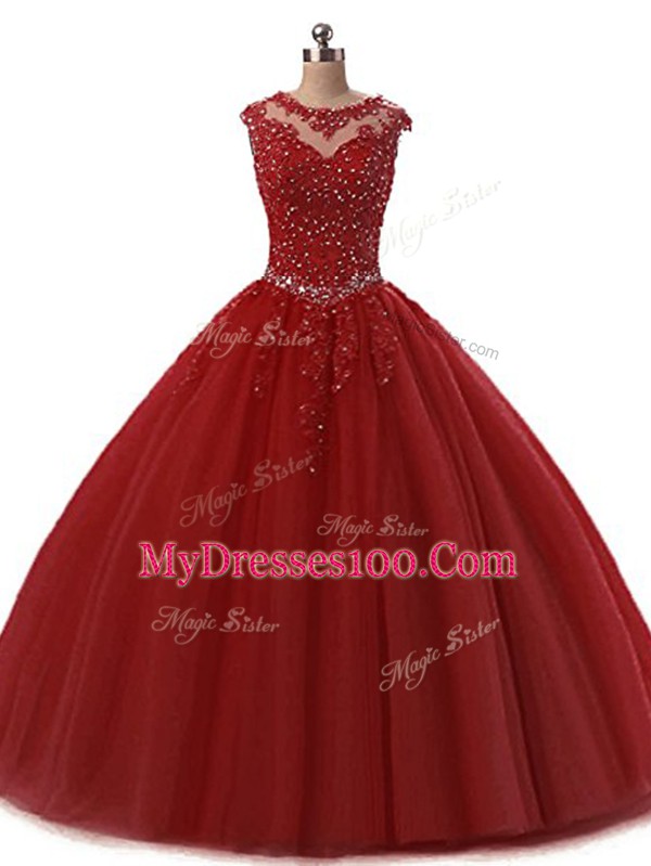 Scoop Sleeveless Tulle Sweet 16 Dresses Beading and Lace Lace Up