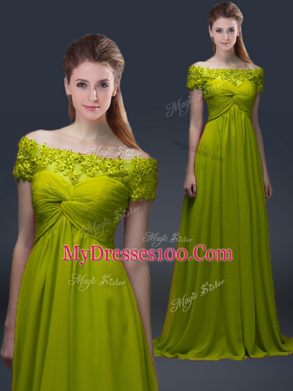 Olive Green Satin Lace Up Off The Shoulder Short Sleeves Floor Length Mother Dresses Appliques
