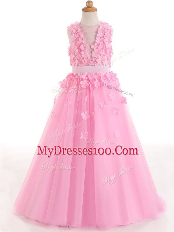 Most Popular Rose Pink A-line Tulle Scoop Sleeveless Appliques and Bowknot Floor Length Zipper Girls Pageant Dresses