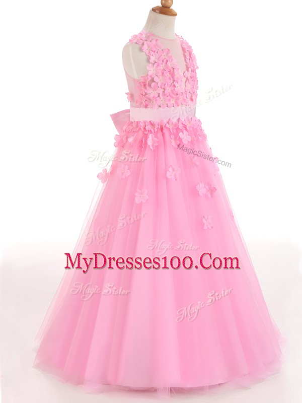 Most Popular Rose Pink A-line Tulle Scoop Sleeveless Appliques and Bowknot Floor Length Zipper Girls Pageant Dresses