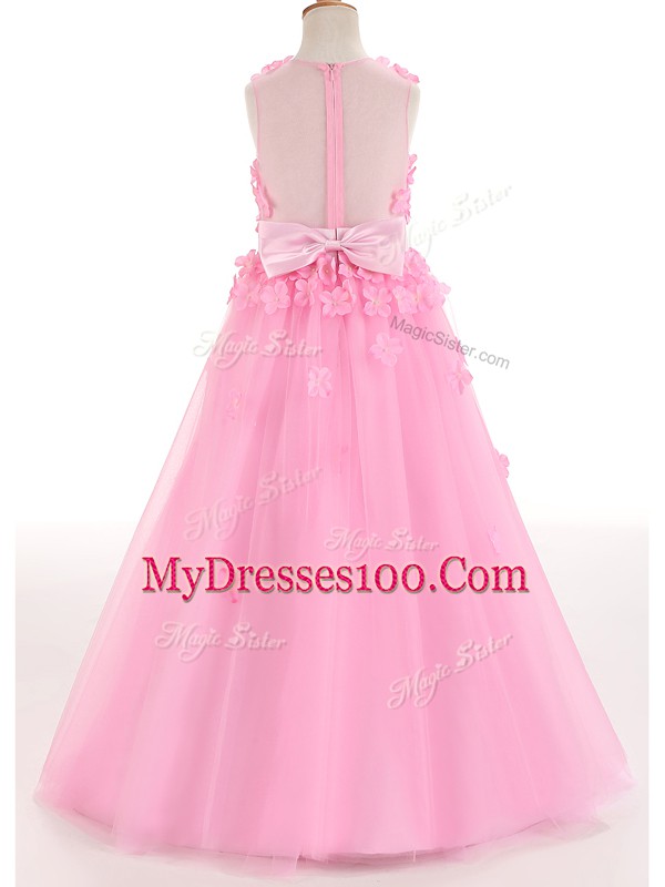 Most Popular Rose Pink A-line Tulle Scoop Sleeveless Appliques and Bowknot Floor Length Zipper Girls Pageant Dresses