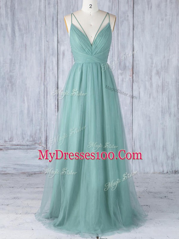 Green Quinceanera Court Dresses Prom and Party and Wedding Party with Appliques V-neck Sleeveless Criss Cross