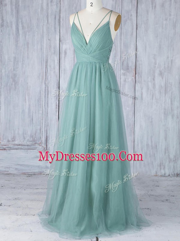 Green Quinceanera Court Dresses Prom and Party and Wedding Party with Appliques V-neck Sleeveless Criss Cross