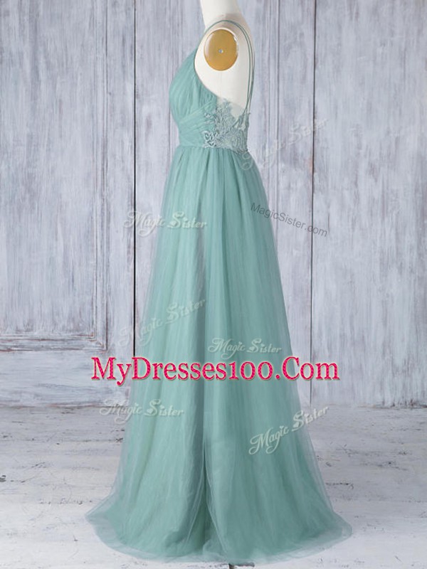 Green Quinceanera Court Dresses Prom and Party and Wedding Party with Appliques V-neck Sleeveless Criss Cross