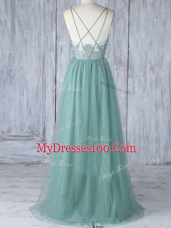Green Quinceanera Court Dresses Prom and Party and Wedding Party with Appliques V-neck Sleeveless Criss Cross