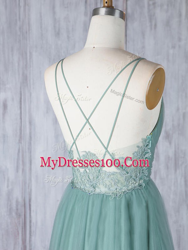 Green Quinceanera Court Dresses Prom and Party and Wedding Party with Appliques V-neck Sleeveless Criss Cross