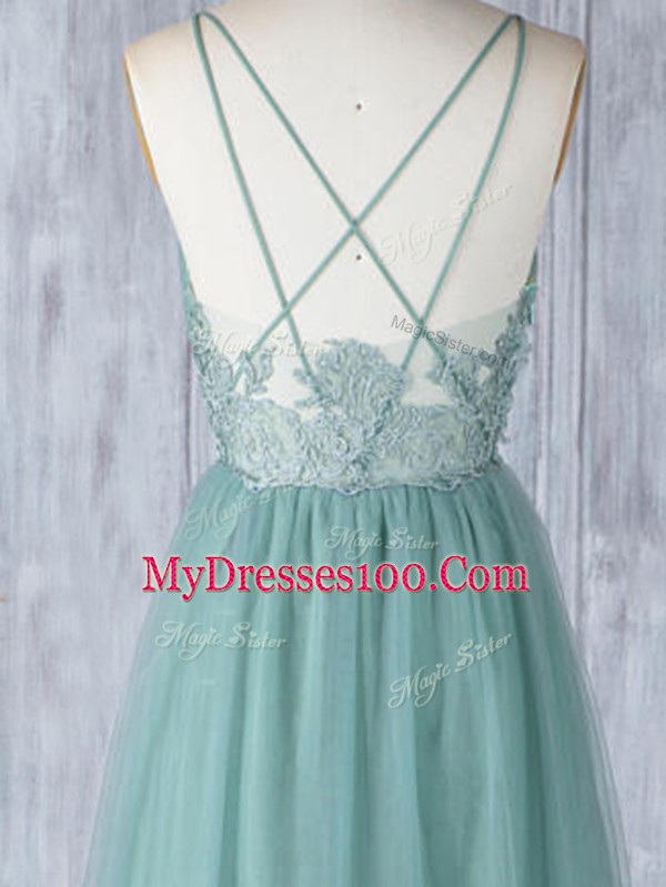 Green Quinceanera Court Dresses Prom and Party and Wedding Party with Appliques V-neck Sleeveless Criss Cross