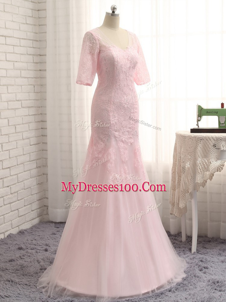 Superior Lace and Appliques Mother of the Bride Dress Baby Pink Zipper Half Sleeves Floor Length
