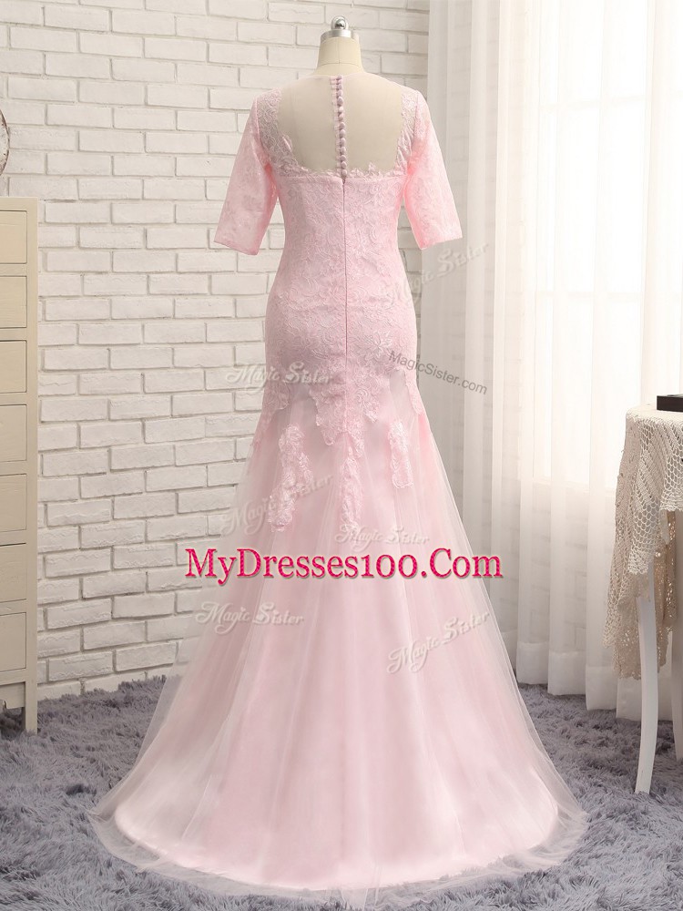 Superior Lace and Appliques Mother of the Bride Dress Baby Pink Zipper Half Sleeves Floor Length