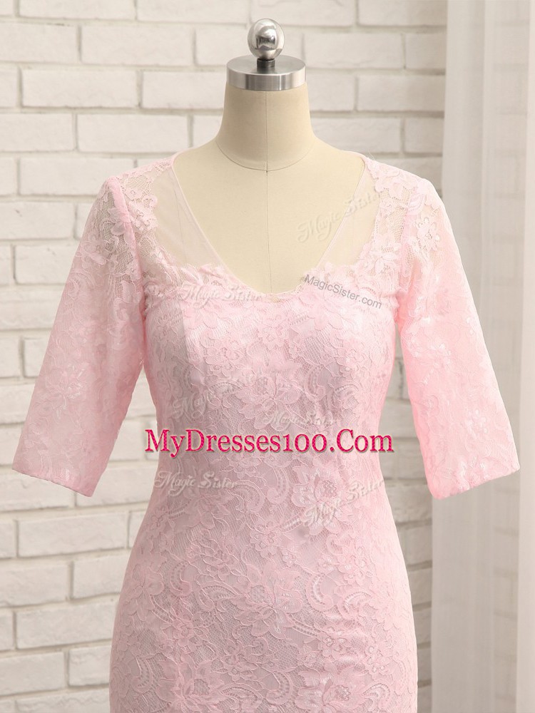 Superior Lace and Appliques Mother of the Bride Dress Baby Pink Zipper Half Sleeves Floor Length
