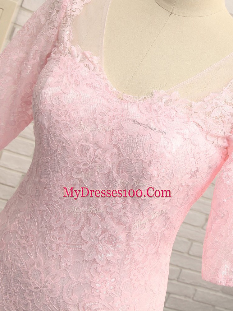 Superior Lace and Appliques Mother of the Bride Dress Baby Pink Zipper Half Sleeves Floor Length