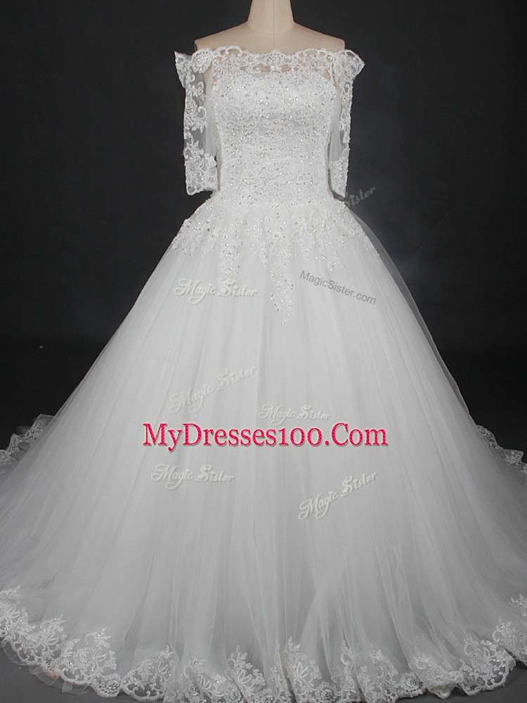 Ideal Half Sleeves Floor Length Lace Lace Up Wedding Dresses with White