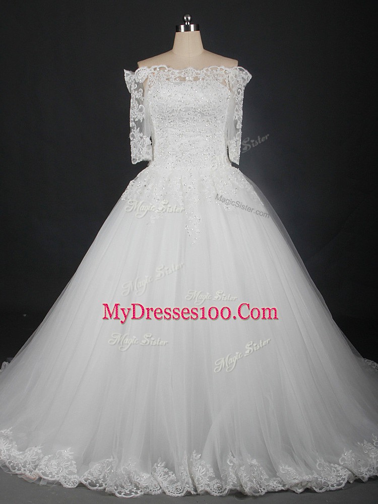 Ideal Half Sleeves Floor Length Lace Lace Up Wedding Dresses with White