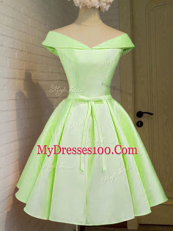 Yellow Green Taffeta Lace Up Bridesmaid Gown Cap Sleeves Knee Length Belt