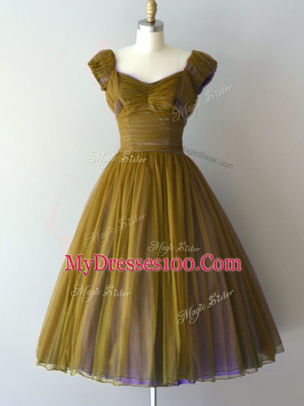 Olive Green Lace Up Wedding Guest Dresses Ruching Cap Sleeves Knee Length