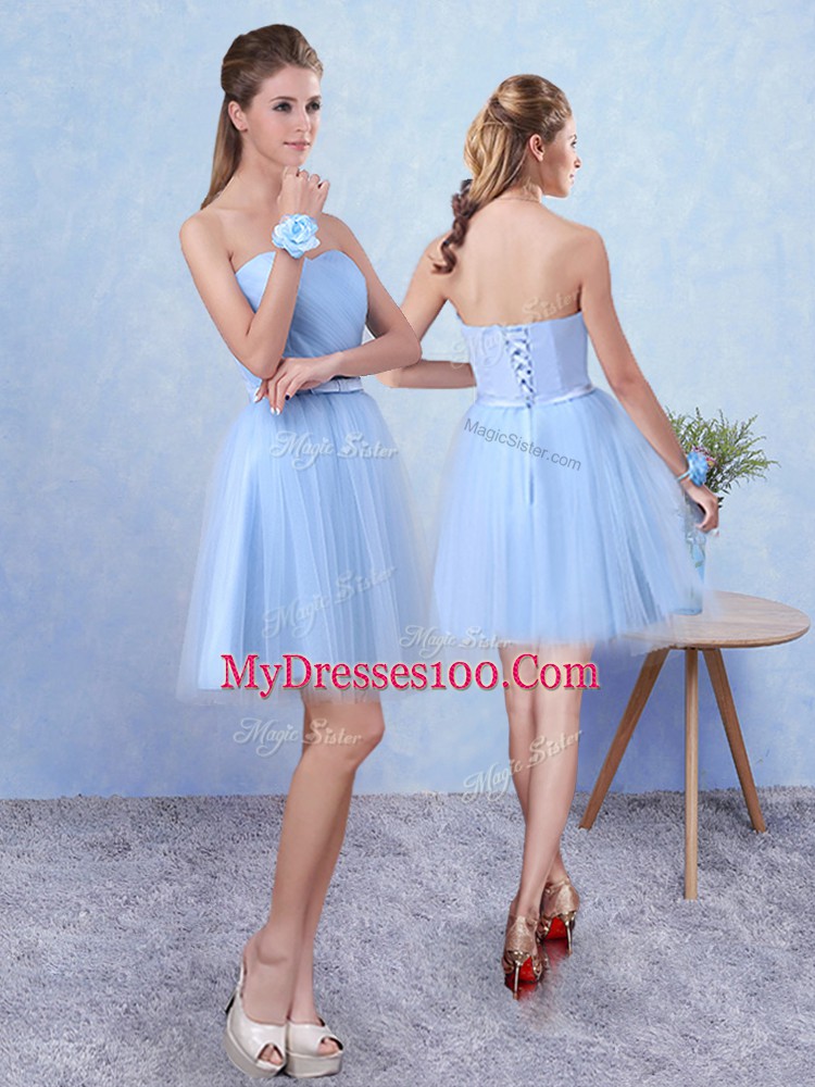 On Sale Blue A-line Tulle Sweetheart Sleeveless Ruching Knee Length Lace Up Quinceanera Court Dresses