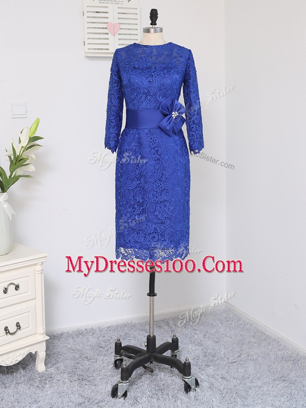 Super Column/Sheath Mother Of The Bride Dress Royal Blue Scoop Lace Long Sleeves Knee Length Zipper